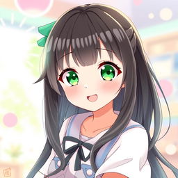 An anime girl with long, thick bangs and vibrant green eyes