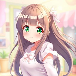 An anime girl with long, thick bangs and vibrant green eyes