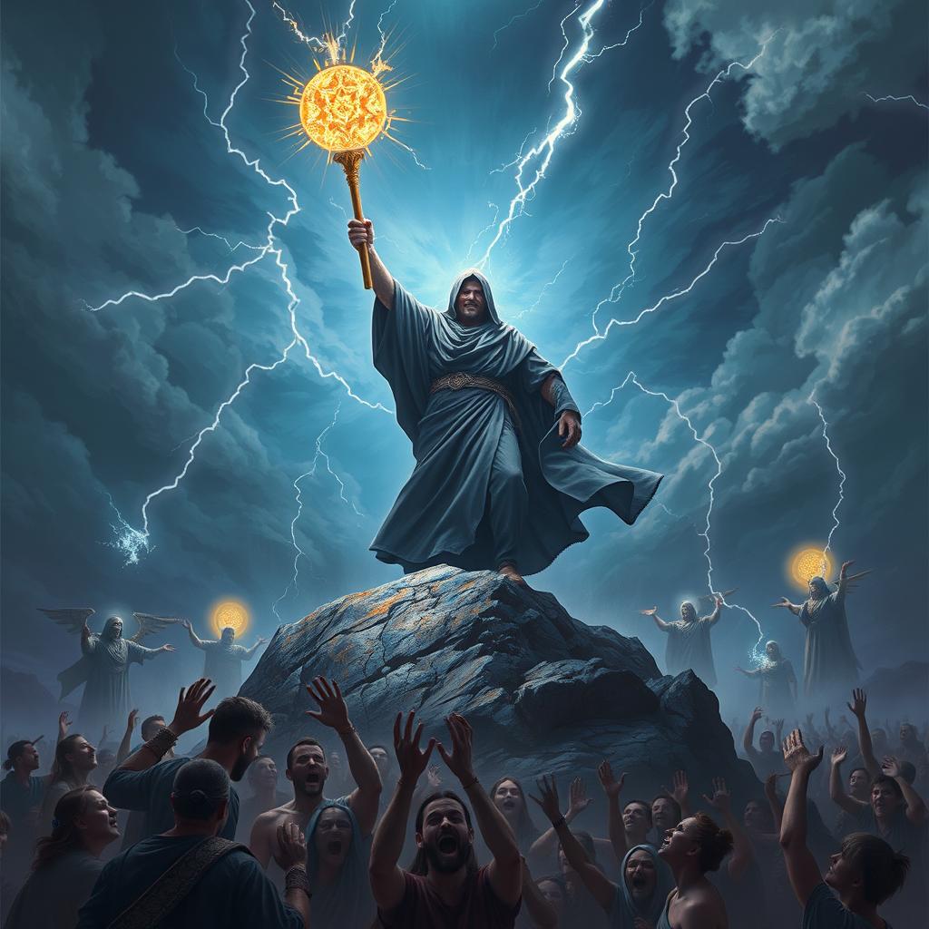 A powerful figure, cloaked in dark robes, standing triumphantly on a mountaintop, holding a glowing staff that radiates energy