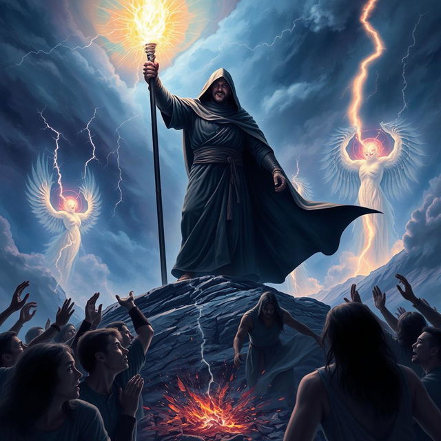A powerful figure, cloaked in dark robes, standing triumphantly on a mountaintop, holding a glowing staff that radiates energy