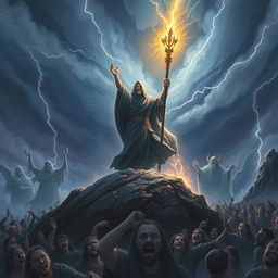 A powerful figure, cloaked in dark robes, standing triumphantly on a mountaintop, holding a glowing staff that radiates energy