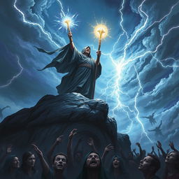 A powerful figure, cloaked in dark robes, standing triumphantly on a mountaintop, holding a glowing staff that radiates energy