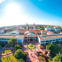 A stunning aerial view of a premier university located in historic Cavite, showcasing its beautiful campus with modern architecture and lush green spaces
