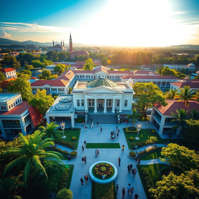 A stunning aerial view of a premier university located in historic Cavite, showcasing its beautiful campus with modern architecture and lush green spaces