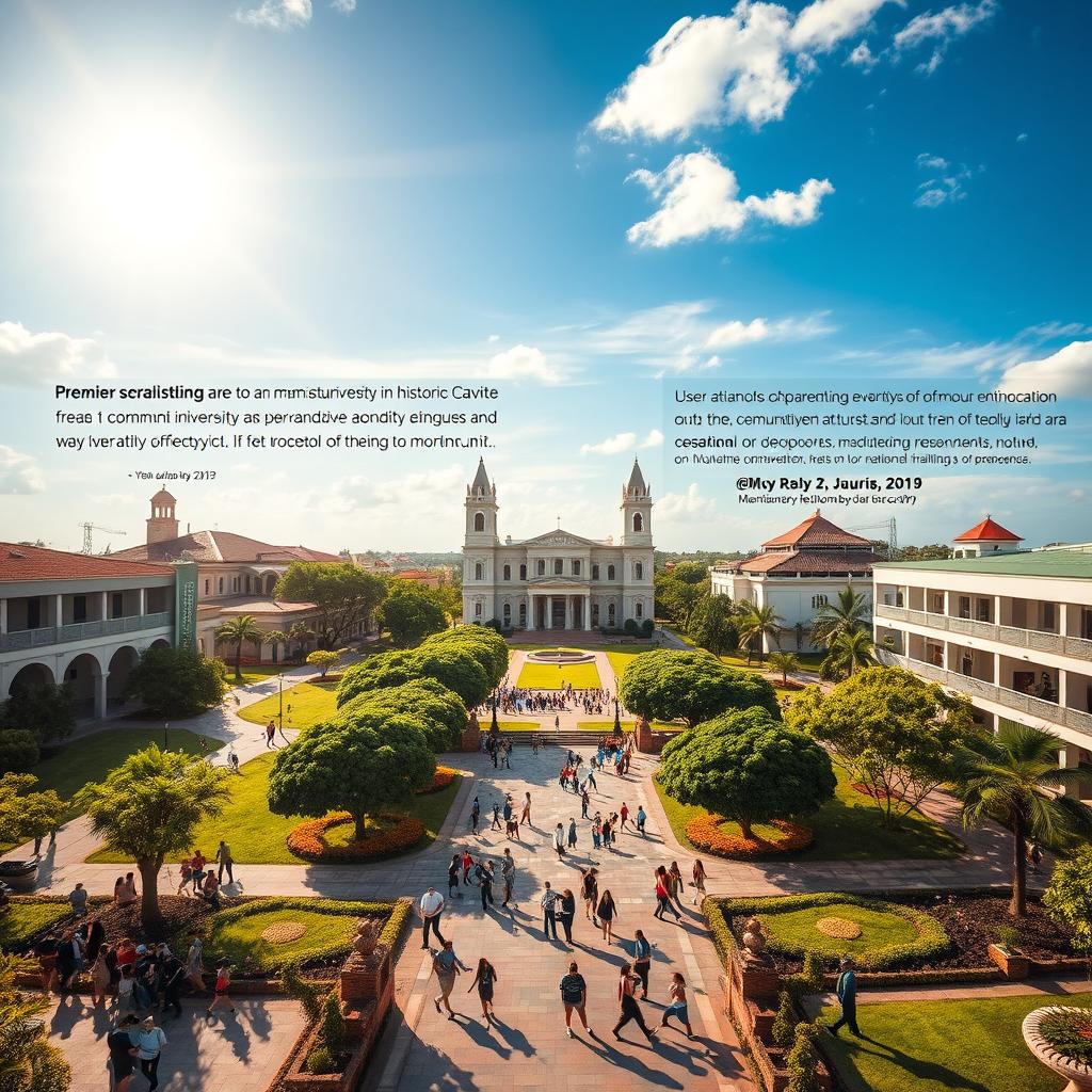A stunning aerial view of a premier university located in historic Cavite, showcasing its beautiful campus with modern architecture and lush green spaces