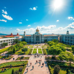 A stunning aerial view of a premier university located in historic Cavite, showcasing its beautiful campus with modern architecture and lush green spaces