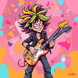 A vibrant and playful illustration of a rock musician playing an electric guitar in the style of IncrediBox