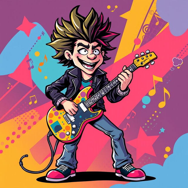 A vibrant and playful illustration of a rock musician playing an electric guitar in the style of IncrediBox