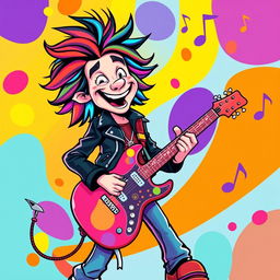 A vibrant and playful illustration of a rock musician playing an electric guitar in the style of IncrediBox