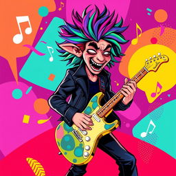 A vibrant and playful illustration of a rock musician playing an electric guitar in the style of IncrediBox