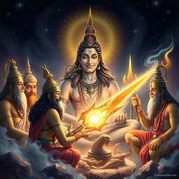 Lord Shiva, depicted with a serene smile, emerges from deep meditation, radiating divine energy