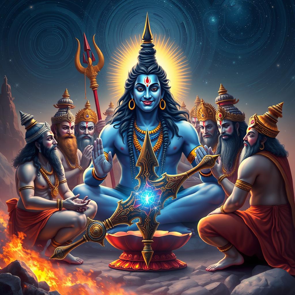 Lord Shiva, depicted with a serene smile, emerges from deep meditation, radiating divine energy