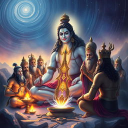 Lord Shiva, depicted with a serene smile, emerges from deep meditation, radiating divine energy