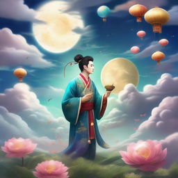 A high-quality digital art image in the style of Xianxia, showcasing a mystical sky filled with celestial bodies and ethereal clouds