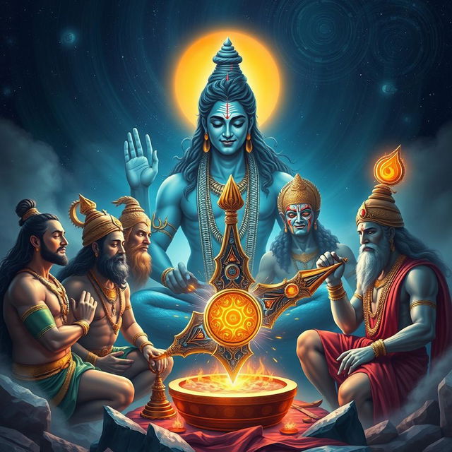 Lord Shiva, depicted with a serene smile, emerges from deep meditation, radiating divine energy