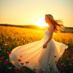 A serene and ethereal scene depicting a woman embodying beauty and light, radiating warmth and positivity