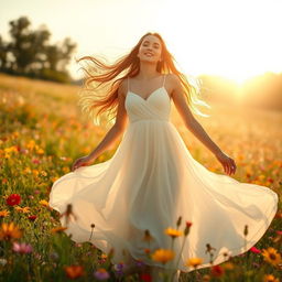 A serene and ethereal scene depicting a woman embodying beauty and light, radiating warmth and positivity