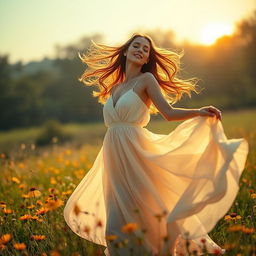 A serene and ethereal scene depicting a woman embodying beauty and light, radiating warmth and positivity