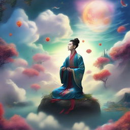 A high-quality digital art image in the style of Xianxia, showcasing a mystical sky filled with celestial bodies and ethereal clouds