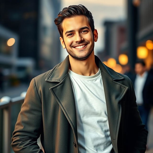 A confident man standing with a relaxed posture, wearing a stylish coat