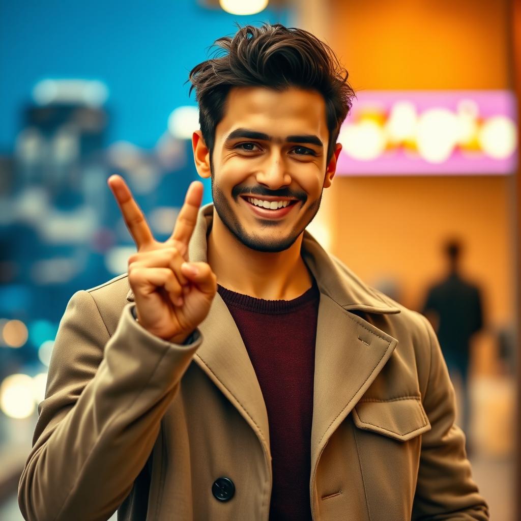 A confident man standing with a relaxed posture, wearing a stylish coat