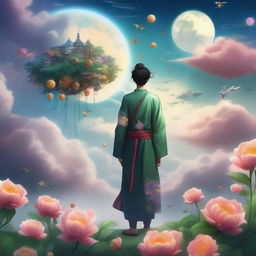 A high-quality digital art image in the style of Xianxia, showcasing a mystical sky filled with celestial bodies and ethereal clouds