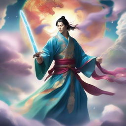 This is a high-quality digital art image in the style of Chinese Xianxia, featuring a sky filled with mystical celestial bodies and ethereal clouds