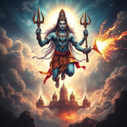 Lord Shiva in his fearsome Neelkanth form, with a radiant third eye glowing brilliantly, descends majestically into the realm of Tripurasura