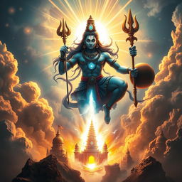 Lord Shiva in his fearsome Neelkanth form, with a radiant third eye glowing brilliantly, descends majestically into the realm of Tripurasura
