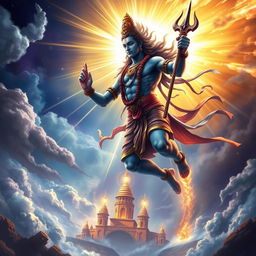 Lord Shiva in his fearsome Neelkanth form, with a radiant third eye glowing brilliantly, descends majestically into the realm of Tripurasura