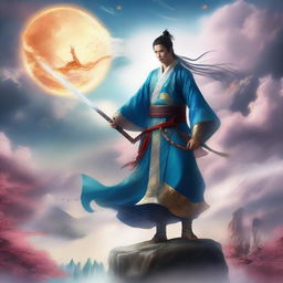 This is a high-quality digital art image in the style of Chinese Xianxia, featuring a sky filled with mystical celestial bodies and ethereal clouds