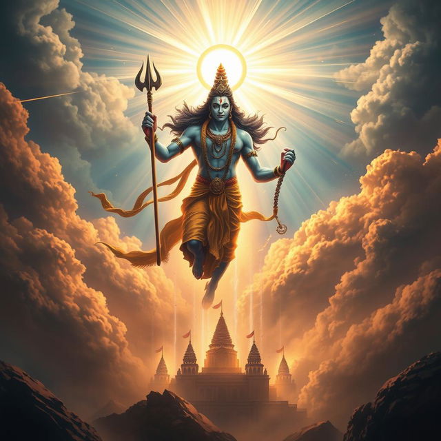 Lord Shiva in his fearsome Neelkanth form, with a radiant third eye glowing brilliantly, descends majestically into the realm of Tripurasura