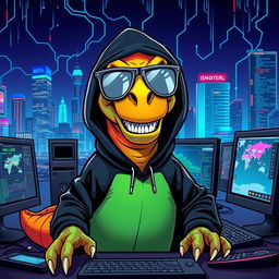 A colorful, cartoonish dinosaur dressed as a hacker, with a sleek black hoodie, oversized glasses reflecting computer screens, and a mischievous grin