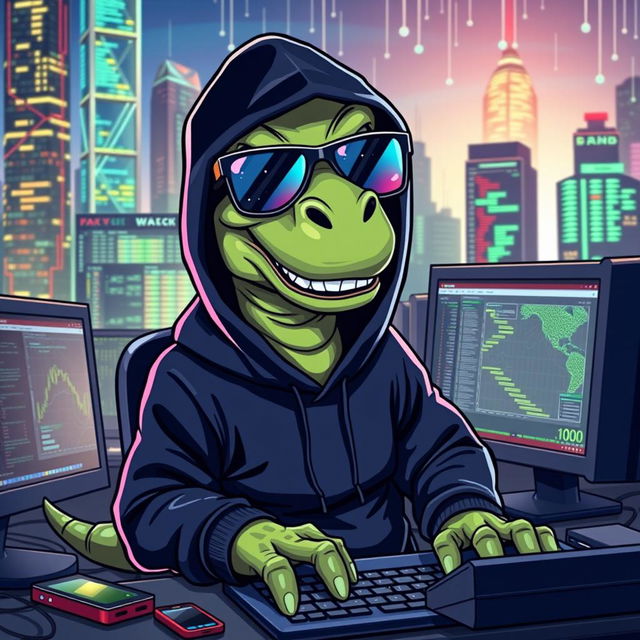 A colorful, cartoonish dinosaur dressed as a hacker, with a sleek black hoodie, oversized glasses reflecting computer screens, and a mischievous grin