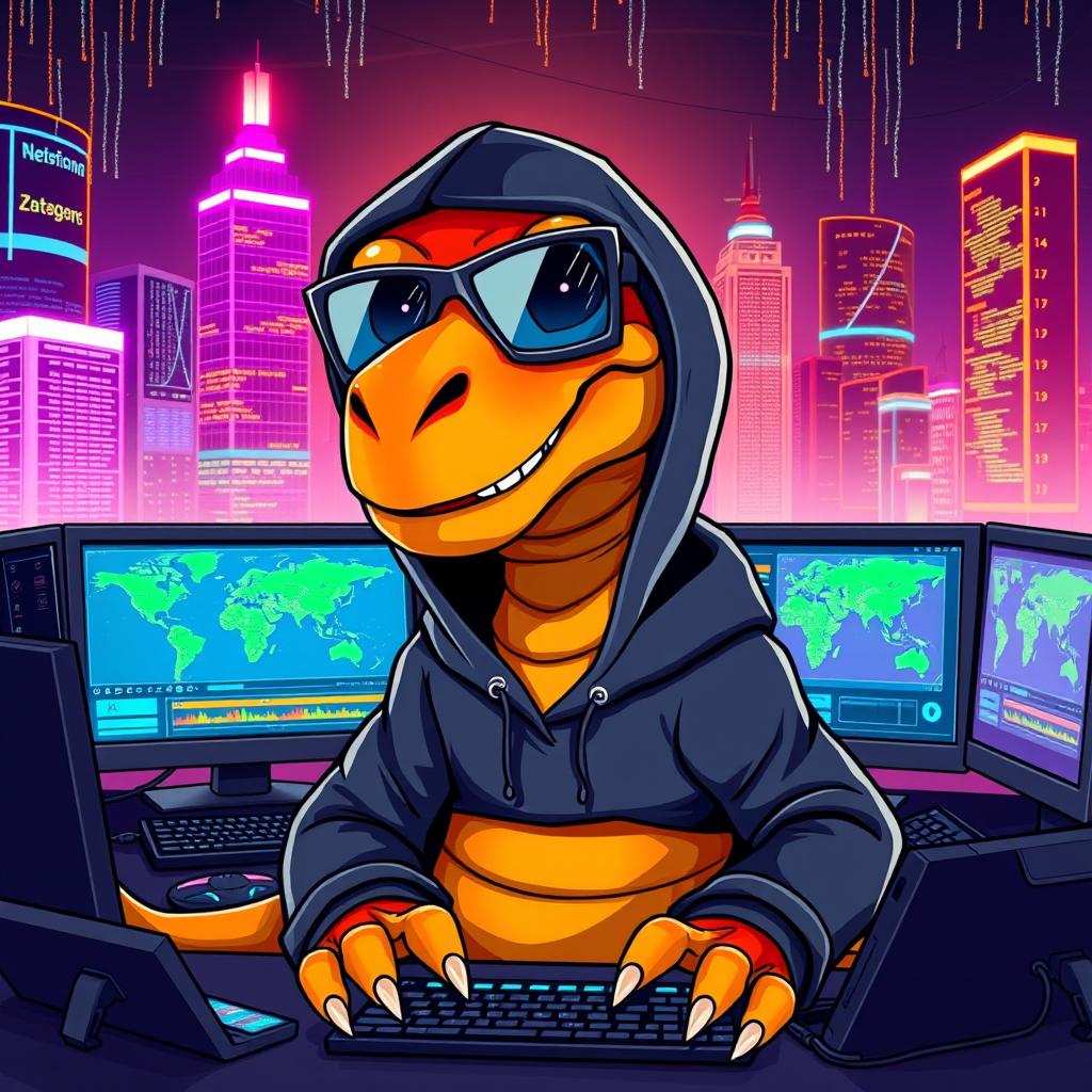 A colorful, cartoonish dinosaur dressed as a hacker, with a sleek black hoodie, oversized glasses reflecting computer screens, and a mischievous grin