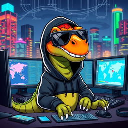 A colorful, cartoonish dinosaur dressed as a hacker, with a sleek black hoodie, oversized glasses reflecting computer screens, and a mischievous grin