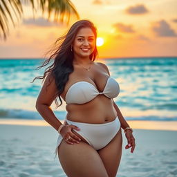 An elegant Indian woman with a slightly plump figure, confidently wearing a stylish two-piece bikini, showcasing her beautiful curves