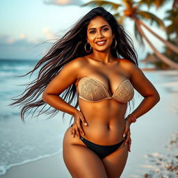 An elegant Indian woman with a slightly plump figure, confidently wearing a stylish two-piece bikini, showcasing her beautiful curves