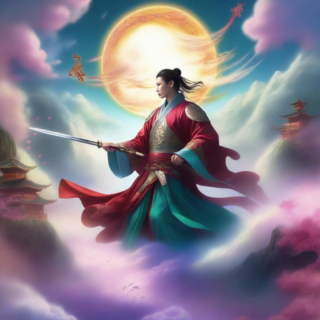 This is a high-quality digital art image in the style of Chinese Xianxia, featuring a sky filled with mystical celestial bodies and ethereal clouds