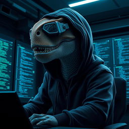 A realistic depiction of a dinosaur disguised as a hacker, featuring detailed scales and textures on the dinosaur's skin