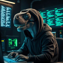 A realistic depiction of a dinosaur disguised as a hacker, featuring detailed scales and textures on the dinosaur's skin