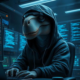 A realistic depiction of a dinosaur disguised as a hacker, featuring detailed scales and textures on the dinosaur's skin