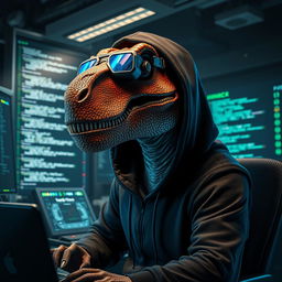 A realistic depiction of a dinosaur disguised as a hacker, featuring detailed scales and textures on the dinosaur's skin