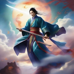 This is a high-quality digital art image in the style of Chinese Xianxia, featuring a sky filled with mystical celestial bodies and ethereal clouds