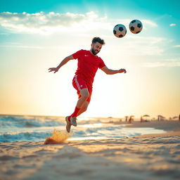 A man joyfully playing soccer on a beautiful sandy beach with the ocean waves crashing in the background