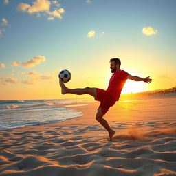 A man joyfully playing soccer on a beautiful sandy beach with the ocean waves crashing in the background