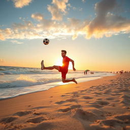 A man joyfully playing soccer on a beautiful sandy beach with the ocean waves crashing in the background