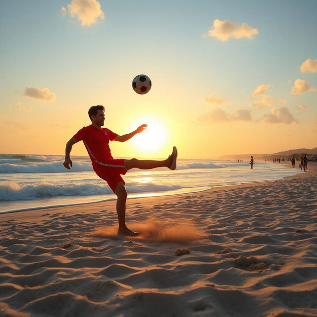 A man joyfully playing soccer on a beautiful sandy beach with the ocean waves crashing in the background