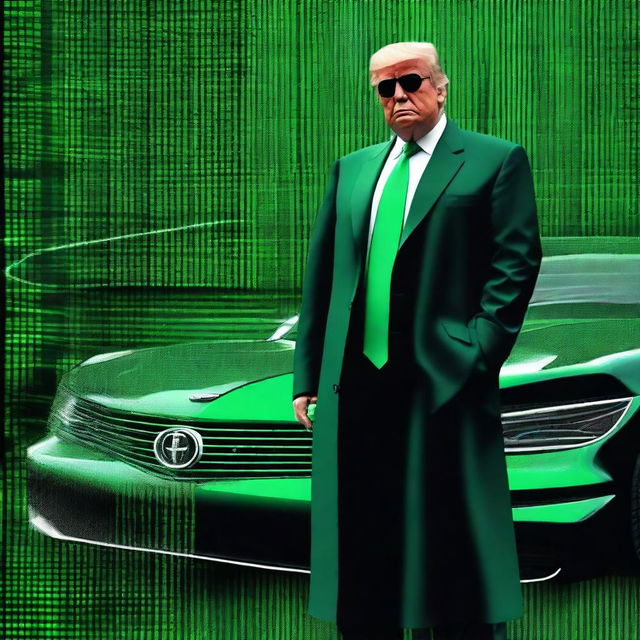 A top-notch, digital art image of Donald Trump in the style of an NFT, combining elements from The Matrix and Formula 1 racing