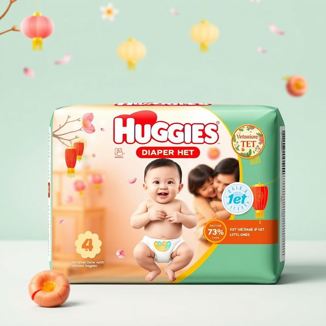 A beautifully designed packaging for Huggies diaper pants focused on Vietnamese traditional Tet celebration, featuring a cheerful baby wearing the cute diaper pants, surrounded by festive decorations like peach blossoms and lanterns